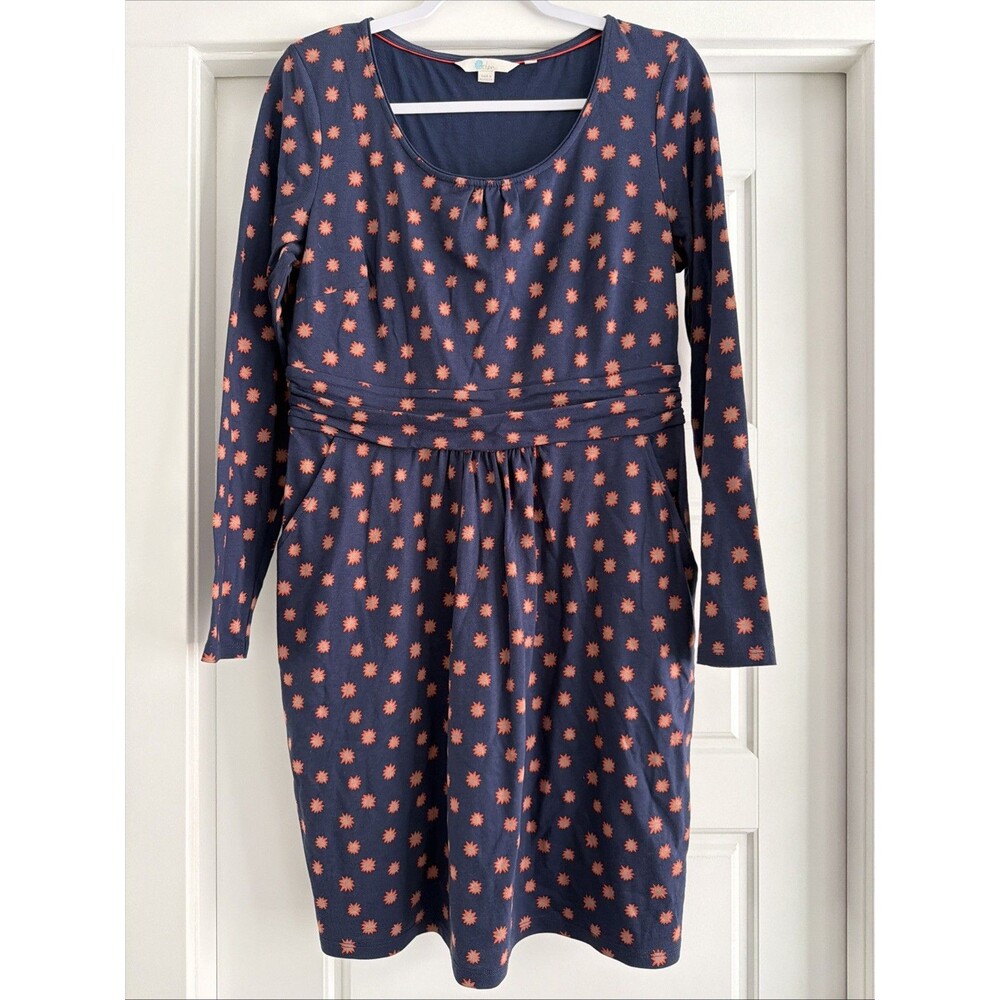 Boden Mabel Dress Womens US 10P Navy Orange/Coral Starburst Jersey Long-Sleeve